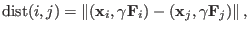 $\displaystyle \mathrm{dist}(i,j) =\left\Vert (\mathbf{x}_i, \gamma \mathbf{F}_i) - (\mathbf{x}_j, \gamma \mathbf{F}_j) \right\Vert,$